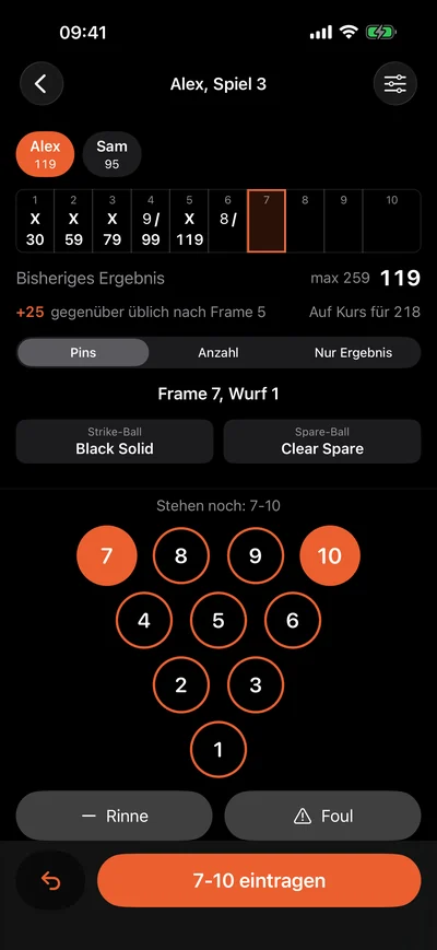 Eingabe in Pinfall: Frame 7, Pins 7 und 10 markiert, die Taste zeigt 7-10 eintragen.