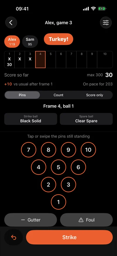 Pinfall in dark mode showing Turkey! after three strikes in a row.