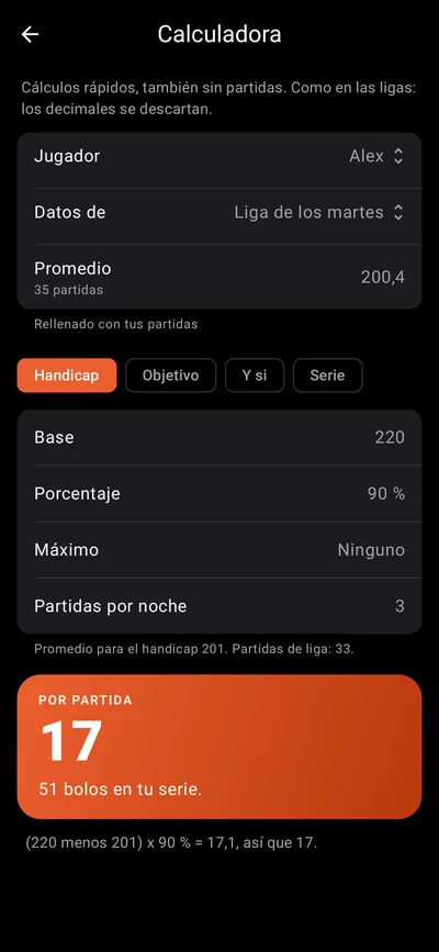 La calculadora gratis de Pinfall: el handicap para la próxima semana, calculado con la fórmula de la propia liga.