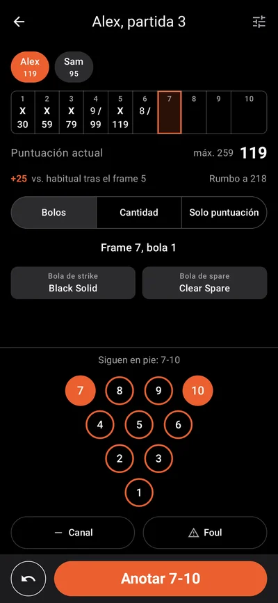 Pantalla de anotación de Pinfall: frame 7, bolos 7 y 10 marcados, el botón dice Anotar 7-10.