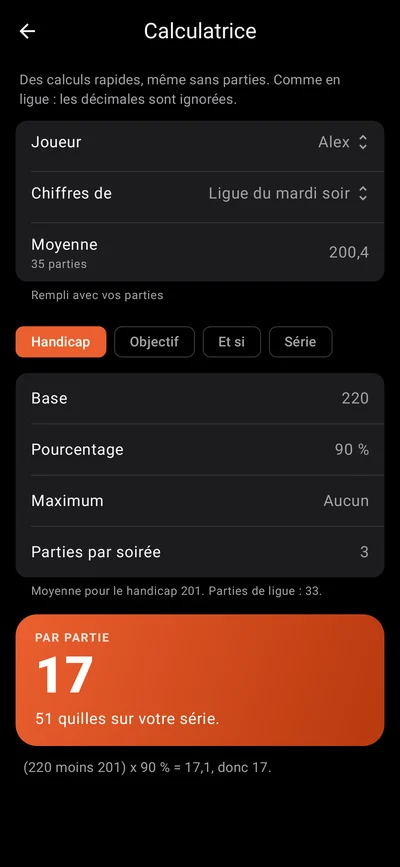 La calculatrice gratuite de Pinfall : le handicap pour la semaine prochaine, calculé avec la formule de la ligue.