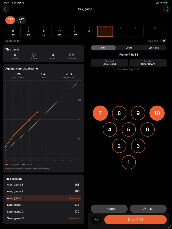Pinfall on iPad: score sheet on top, this game against the usual one with a chart, and large pins.
