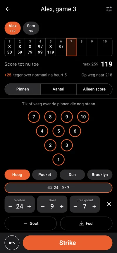 Scoren in Pinfall met de lijn van deze bal: voeten 24, doel 9, breakpoint 7, en hoe de bal raakte: hoog.