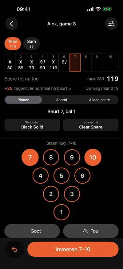 Scorescherm in Pinfall: beurt 7, pinnen 7 en 10 gemarkeerd, de knop zegt Invoeren 7-10.