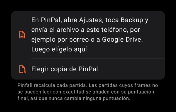 La pantalla de Pinfall donde lo haces.